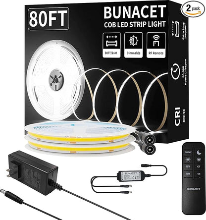 BUNACET 80FT/24m COB LED Strip Light Warm White Dimmable 6500K High Lumen CRI by BUNACET