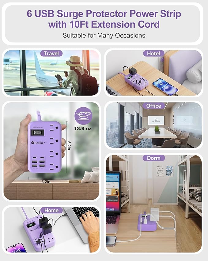 Beeiker 6 USB Purple Surge Protector Power Strip- 10 Ft Purple Extension Cord - Image 7