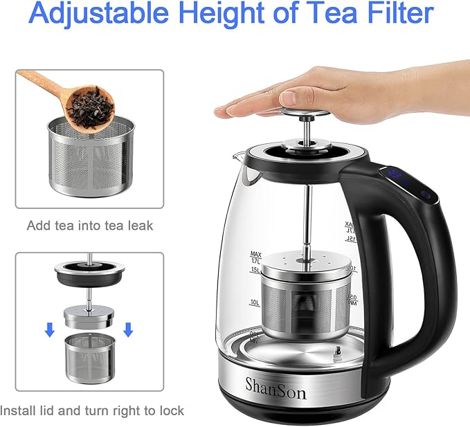ShanSon Electric Kettle with Tea Infuser 1.7L Temperature Control Glass - Image 3