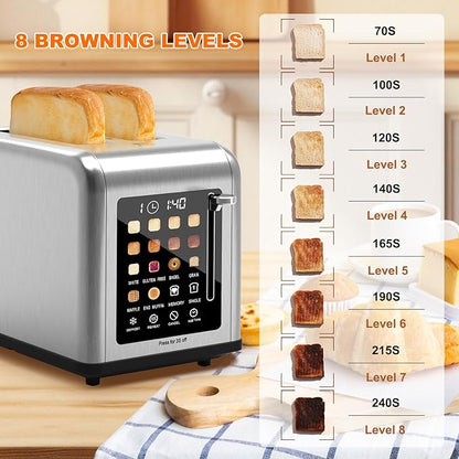 2 Slice Toaster Touch Screen, Stainless Steel Toasters Digital Timer 2 Slot - Image 2