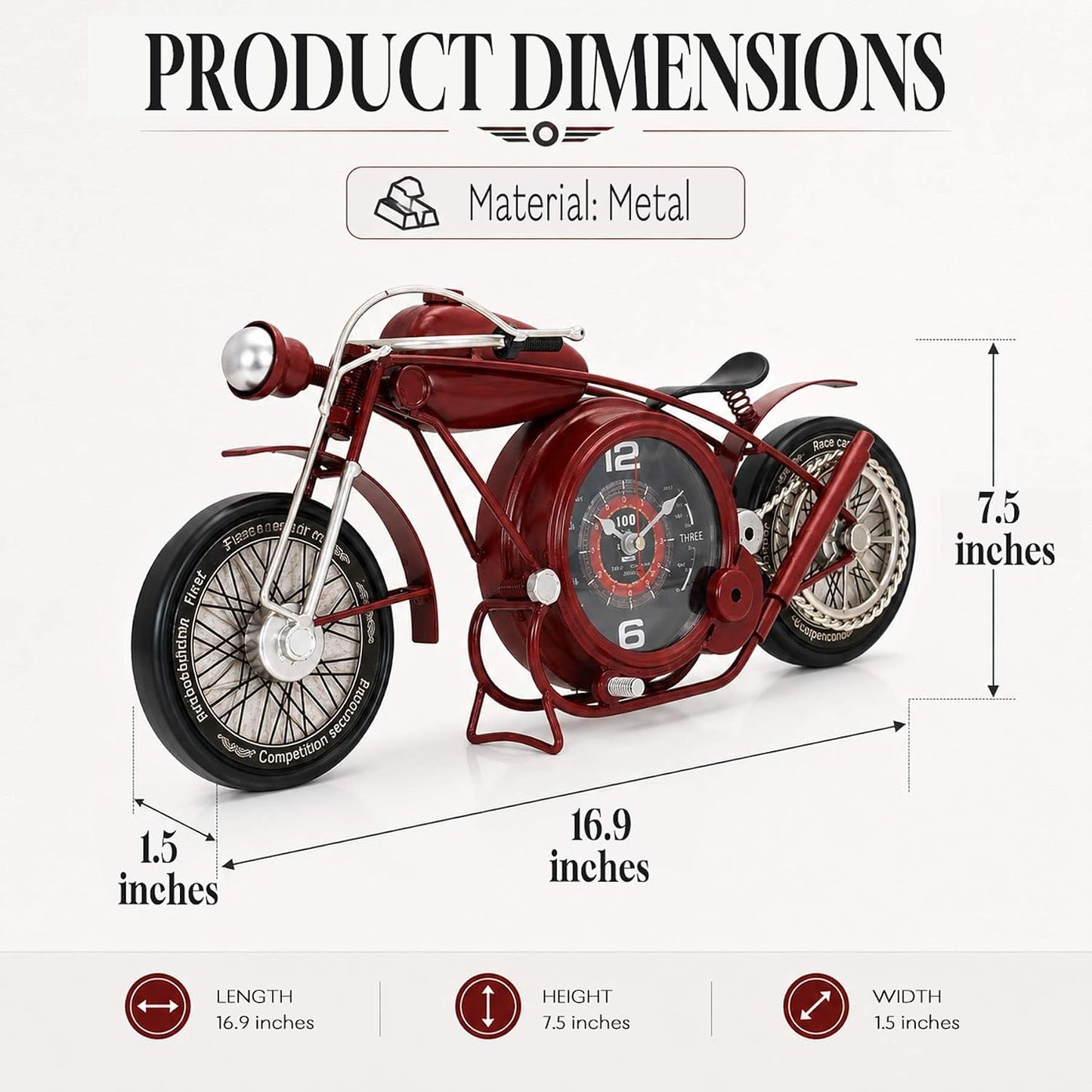 YOUKI Metal Motorcycle Wall Clock,Desk Shelf Clocks Digital Clock for Bedroom,Retro Vintage Non-Ticking Table Clock Battery Operated Silent,Easy to Read,Wall Art16.9 * 1.5 * 7.5 Inches,Red