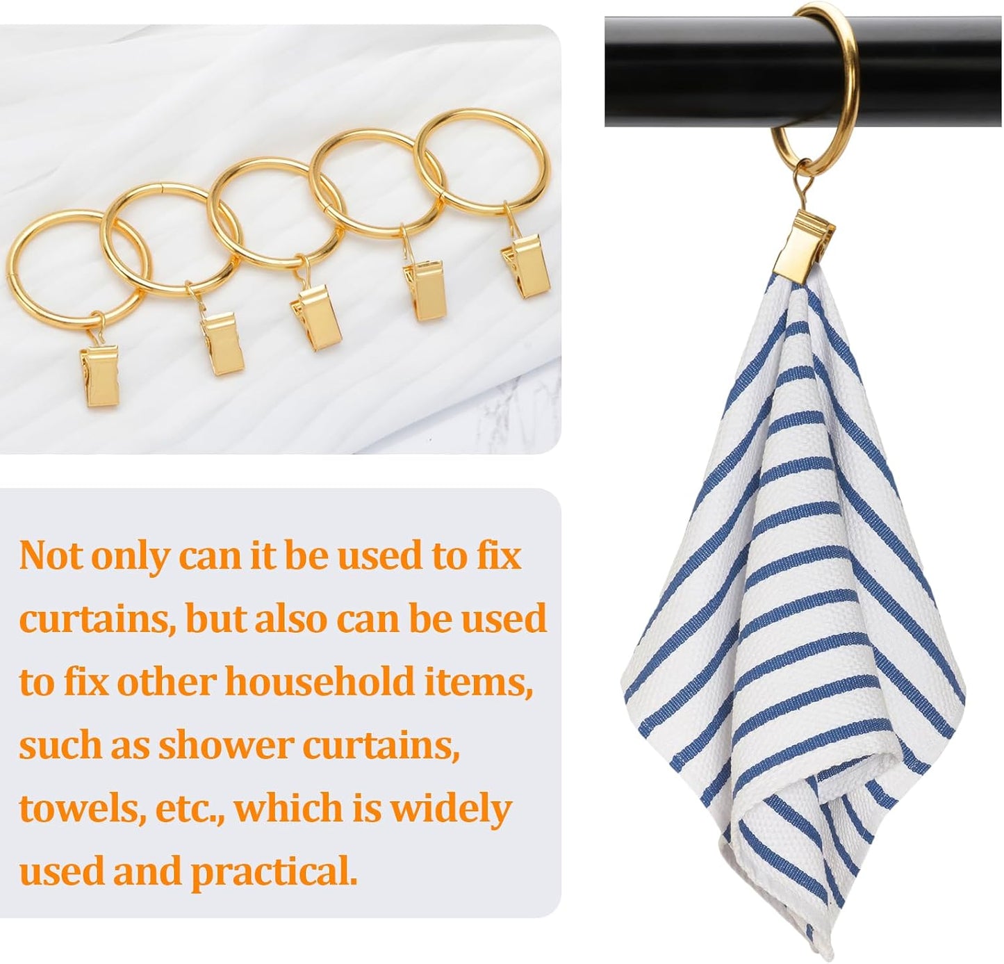 40 Pack Gold Curtain Rings with Clips,1.26 inch Interior Diameter | Shower Curtain Hooks,Gold Curtain Rings with Clips,Drapery Clips with Rings,Drapery Hooks