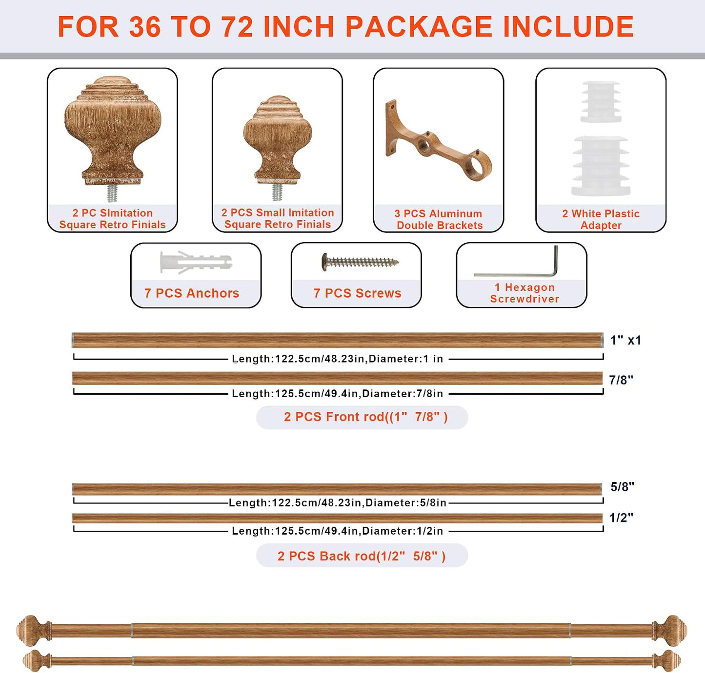 Double Curtain Rods for Windows 36 to 72 Inches, Heavy Duty Double Curtain Rod with Square Retro Finials and Double Aluminum Bracket, Adjustable Double Rod for Curtains,Light Wood Grain