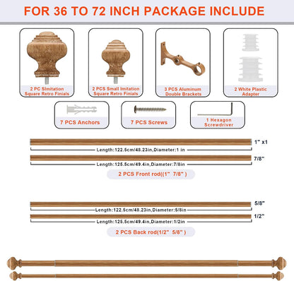 Double Curtain Rods for Windows 36 to 72 Inches, Heavy Duty Double Curtain Rod with Square Retro Finials and Double Aluminum Bracket, Adjustable Double Rod for Curtains,Light Wood Grain