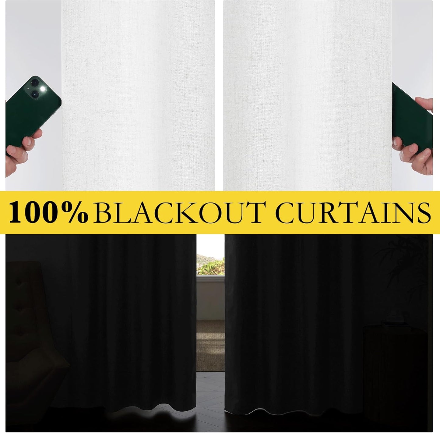 NICETOWN 100% Absolutely Blackout Linen Curtains with Thermal Insulated Liner, Greyish White, 42" Wide, 63" Length Energy Saving Curtains for Classroom 2 Panels Set, Vertical Blinds