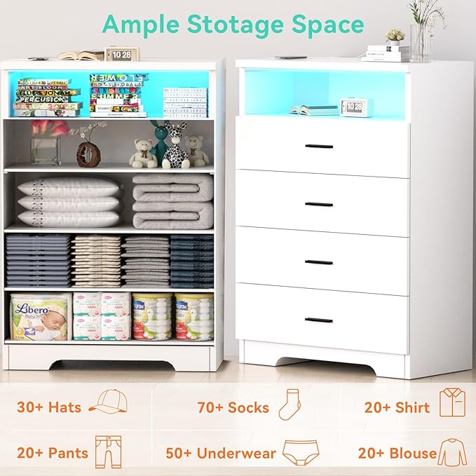 Dresser with Power Outlets and LED Lights Wooden 4 Drawer Dresser with Large - Image 6