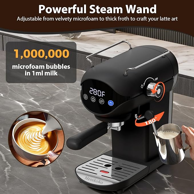 Espresso Machine with Steam Milk Frother Semi Automatic 20 Bar Compact Black - Image 4