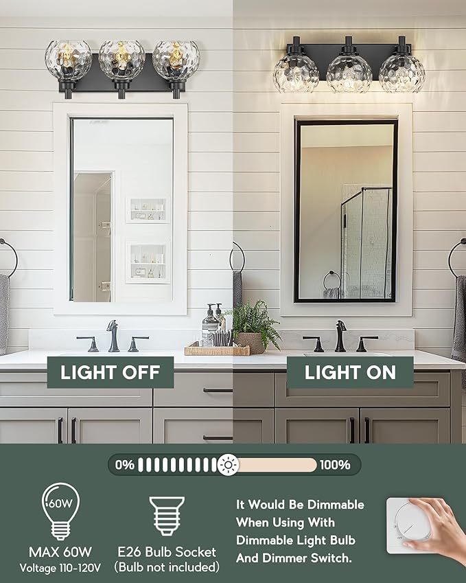METWET Bathroom Light Fixtures Over Mirror, 3-Light Matte Black Vanity Light - Image 6