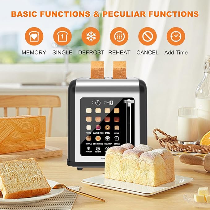 2 Slice Toaster Touch Screen, Stainless Steel Toasters Digital Timer 2 Slot - Image 8