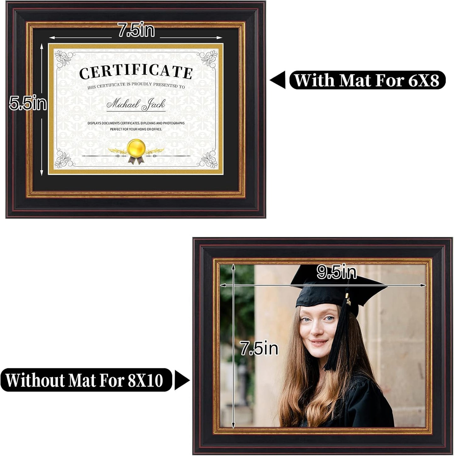 Frametory 6x8 Diploma Frame Black & Gold Mat/8x10 Without Mat Real Glass | Black Gold & Burgundy Color,Double Mat For 6x8, Pictures, Certificates ,Documents,Wall Display, Tabletop, Easel Stand
