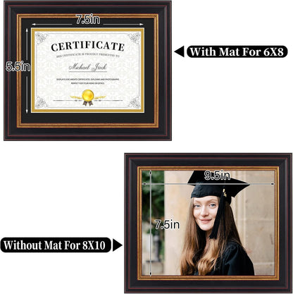 Frametory 6x8 Diploma Frame Black & Gold Mat/8x10 Without Mat Real Glass | Black Gold & Burgundy Color,Double Mat For 6x8, Pictures, Certificates ,Documents,Wall Display, Tabletop, Easel Stand