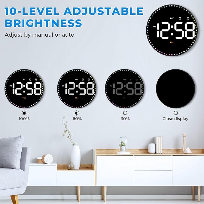 SZELAM Digital Wall Clock, Adjustable Brightness, Temperature, 12/24 H - Image 5