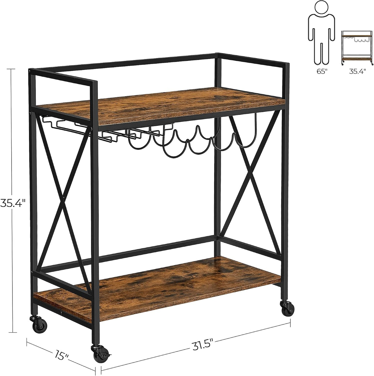 VASAGLE Bar Cart, Serving Cart with Casters, 31.5 x 15 x 35.4 Inches