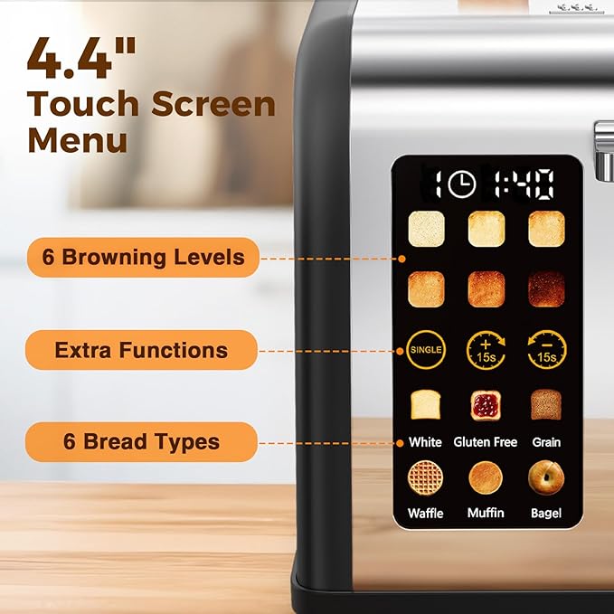 2 Slice Easy Touch Screen Toaster, Stainless Steel Toaster - Image 3