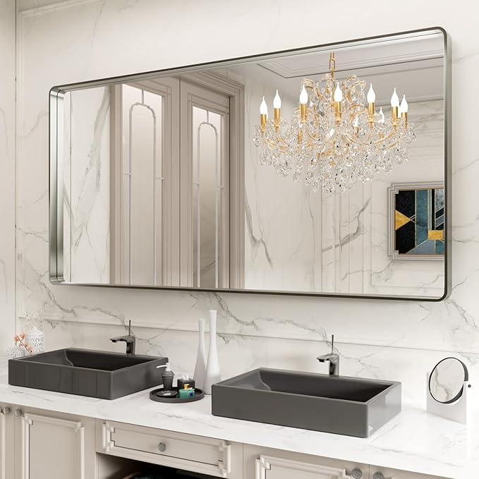LOAAO 72X36 Inch Brushed Nickel Bathroom Mirror, Rounded Rectangle Silver Metal by LOAAO