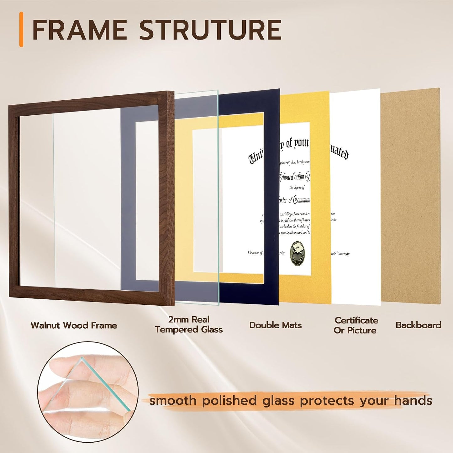Fun Memories Walnut Wood 11x14 Diploma Frame, 100% Solid Walnut Wood Certificate Picture Frame with High Definition Glass, Document Frame for Wall and Tabletop, Blue Mat