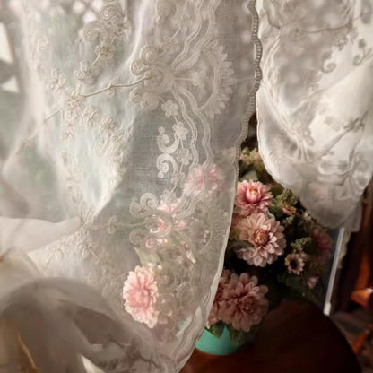 A.Monamour White Sheer Transparent Embroidered Voile Lace Balloon Curtain Window Roman Shades Window Treatment Tie Up Curtain Cottage Flowers Adjustable Tie Tieup, Rod Pocket/Pinch Pleat, 2 Pieces