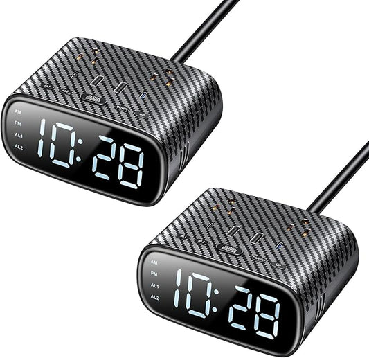 2PCS Alarm Clock with 2 USB-C, 2 USB-A Chargers Power Strip 2 Outlets by Sussex