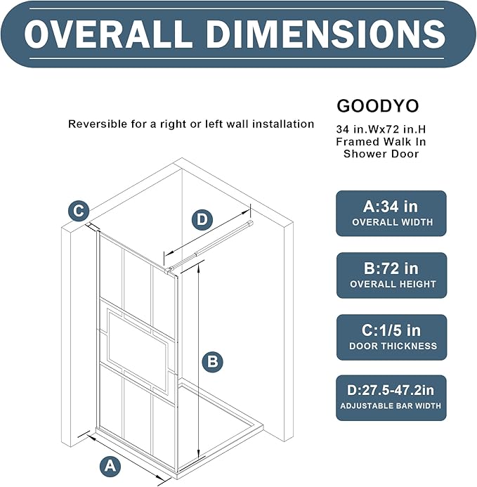 Goodyo 34” X 72” Glass Shower Door Fixed Framed Shower Screen Tempered Glass - Image 4
