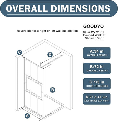Goodyo 34” X 72” Glass Shower Door Fixed Framed Shower Screen Tempered Glass - Image 4