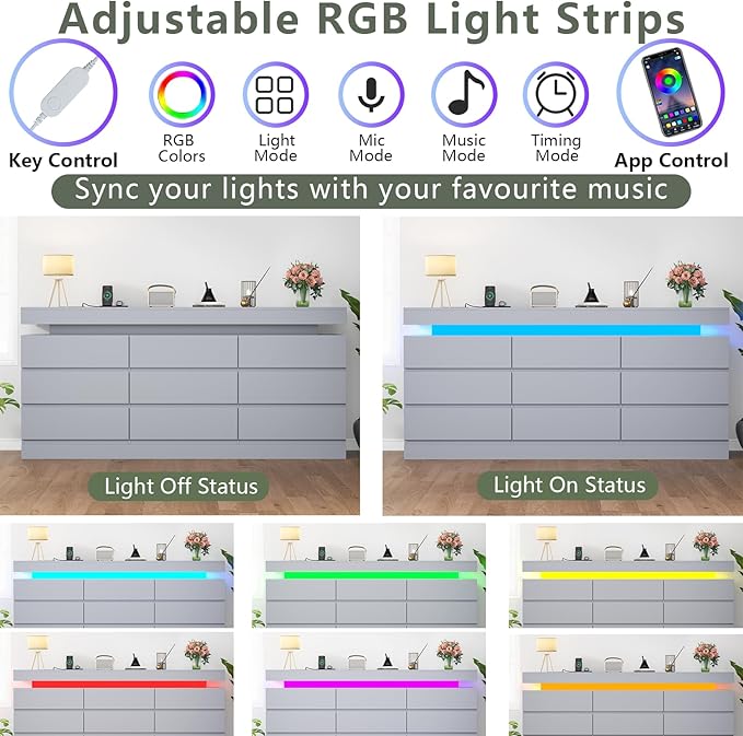 9 Drawer Dresser with Power Outlet, Dresser with LED Light, Modern Chest of - Image 4