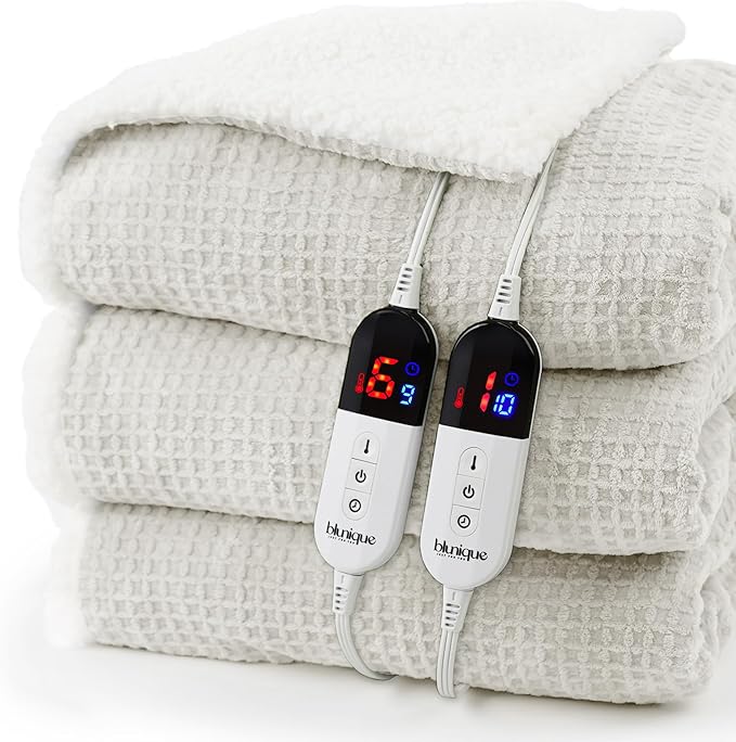 Electric Blanket King Waffle, 90x100 Inches, Dual Controllers, Sherpa Fleece by blunique
