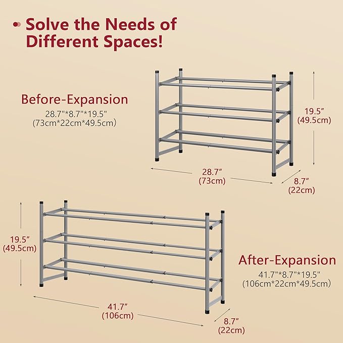 Tajsoon Expandable Shoe Rack for Closet 3 Tier, 28“-41“Adjustable & Stackable - Image 3