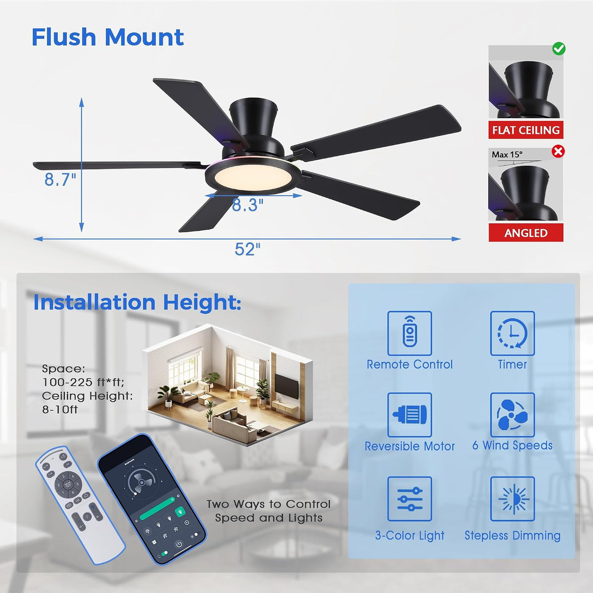 Ayaoty Ceiling Fans with Lights - 52in Flush Mount Ceiling Fan with RGB Dimma...