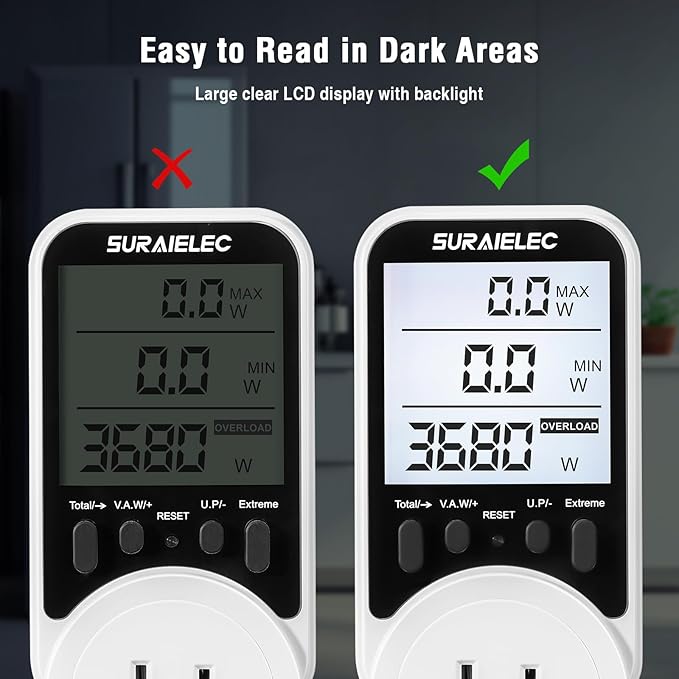 Suraielec Watt Meter, Plug-in Socket Power Meter, 90V-250V Wide Range, Backlit - Image 6