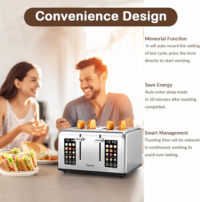 Mecity 4 Slice Toaster with Touch Screen Control, 4 Wide Slots, Stainless Steel - Image 5