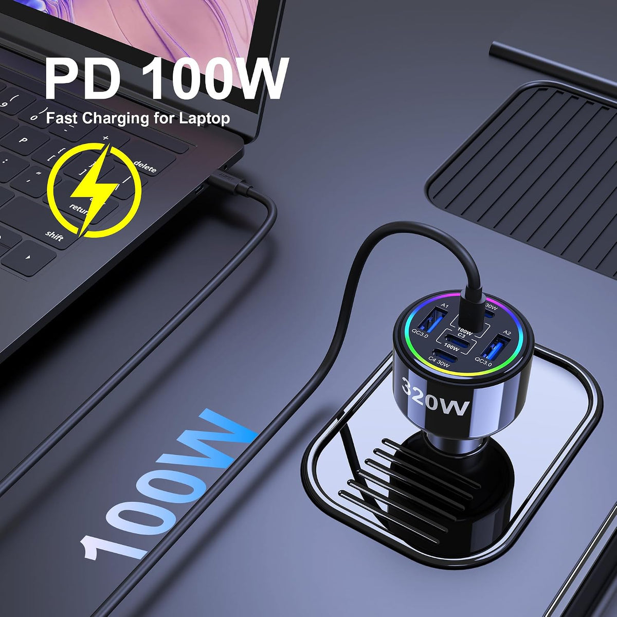 320w usb c car charger, 6 ports type, side view