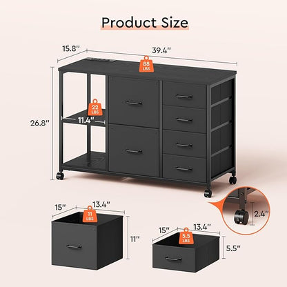 6 Drawer File Cabinet with Charging Station Rolling Printer Stand with Open - Image 3