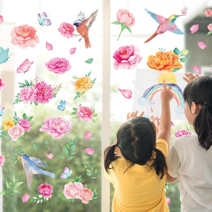 Whaline 9 Sheets Spring Summer Window Clings Pink Flower Window Clings Watercolor Hummingbirds Garden Floral Leaf Windows Decal Double-Sided Windows Decor for Home Office School Decor Party Supplies