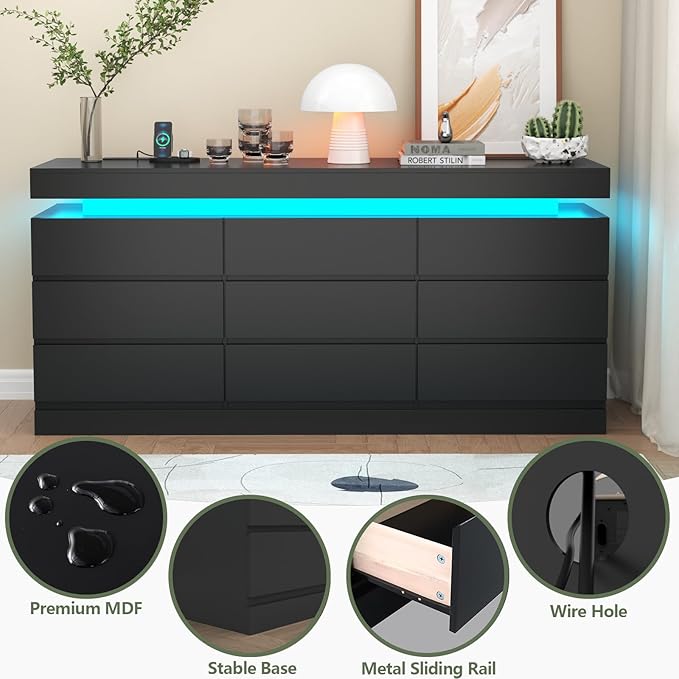 9 Drawer Dresser with Power Outlet, Dresser with LED Light, Modern Chest of - Image 6