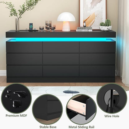 9 Drawer Dresser with Power Outlet, Dresser with LED Light, Modern Chest of - Image 6