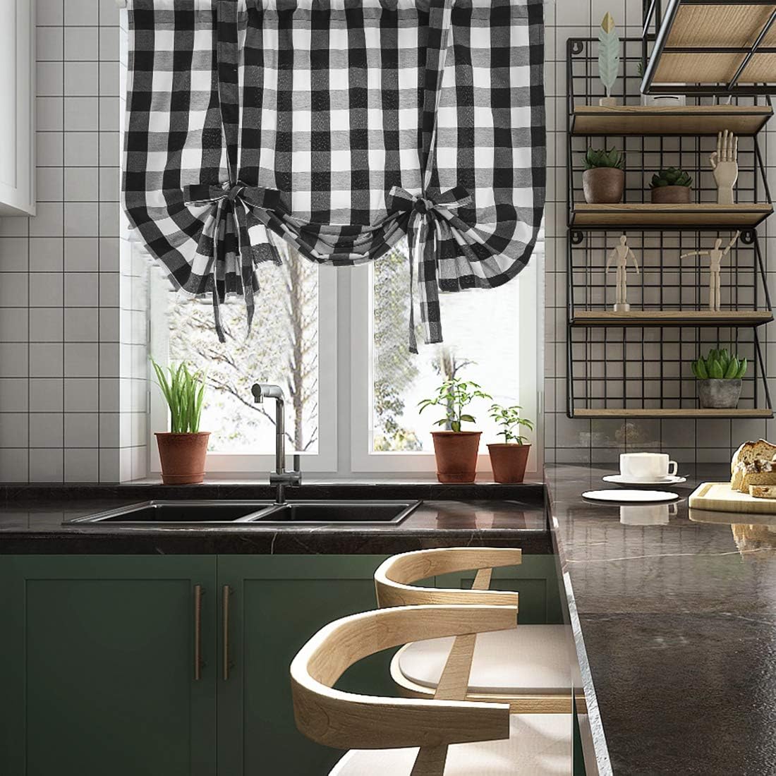 Buffalo Check Plaid Balloon Drape Gingham Shade Tie Up Roman Valance Rod Pocket Classic Window Treatment Semi Blackout Curtains for Small Window Farmhouse Kitchen, 1 Panel, 55" Long, Black