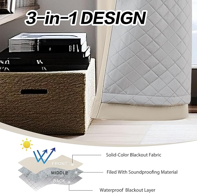 3-in-1 100% Blackout Curtains 84 Inches Long Thermal Insulation Soundproof - Image 3