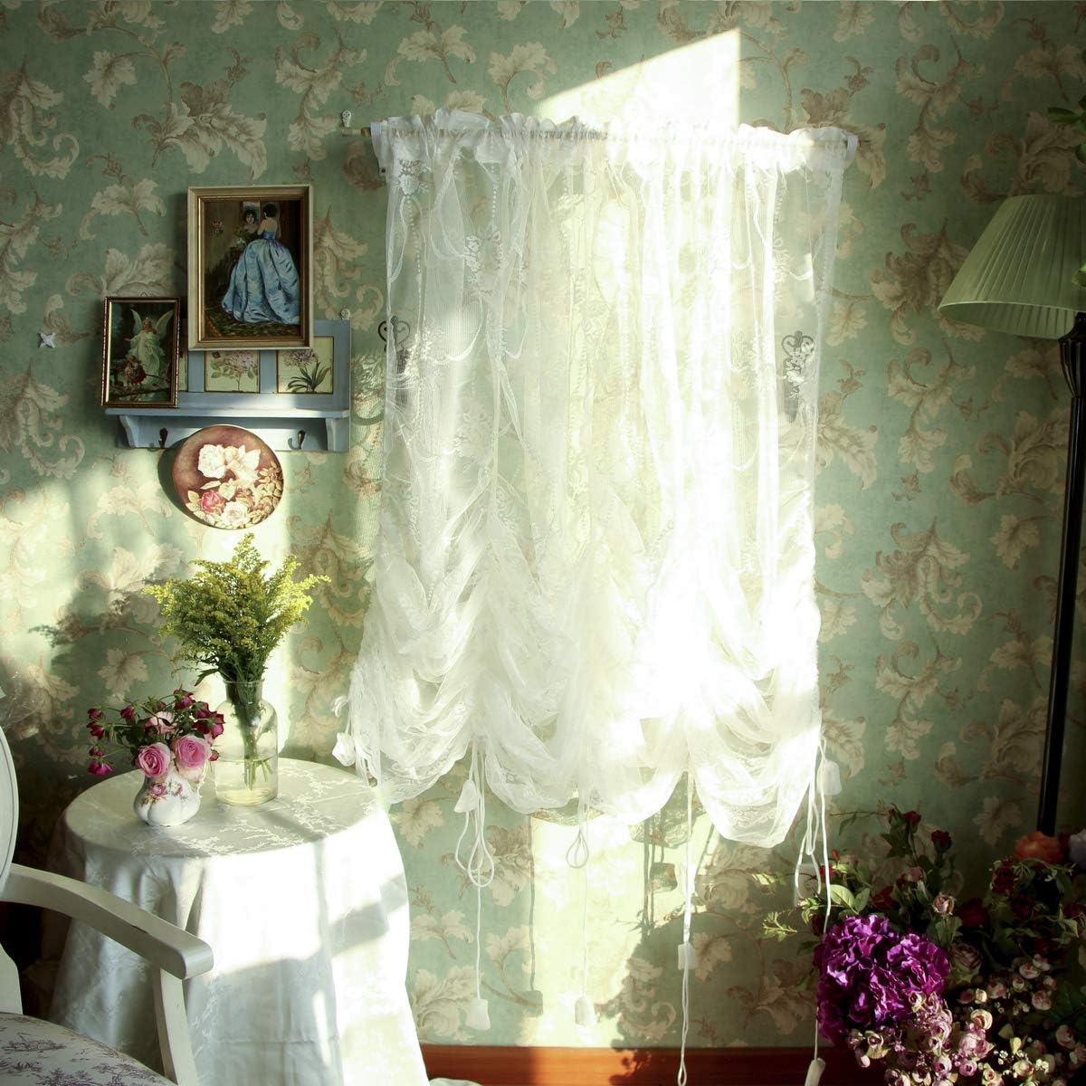 FADFAY Balloon Curtain Adjustable Tie-Up Off White Lace Semi Sheer Window Curtain Shade European Style Embroidered for Living Room Bedroom 1 Panel 78''78''