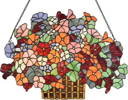 Bieye W10036 Forget-me-nots Flower Myosotis Decorated Basket Tiffany Style Stained Glass Window Panel with Chain, 24" W x 17" H