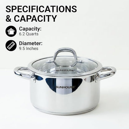Sunhouse Professional 6.2-Quart Whole-Clad Multi-Ply Stainless Steel Stock Pot - Image 2