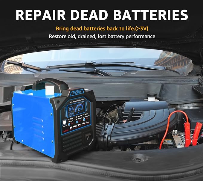 PCHH 12V 24V Car Battery Charger Heavy Duty, 0-15A Automatic Battery Maintainer - Image 3