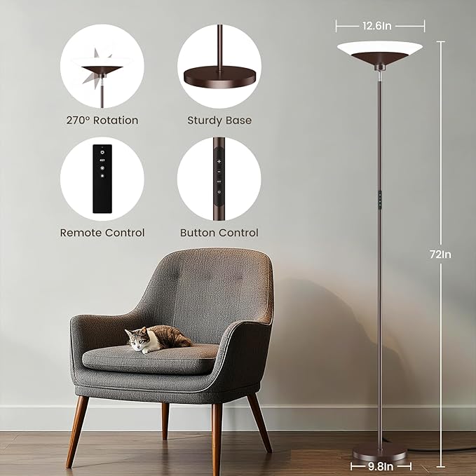 SIBRILLE Brown Torchiere Floor Lamp - 30W Dimmable LED Standing Lamp - Image 2