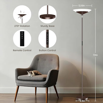 SIBRILLE Brown Torchiere Floor Lamp - 30W Dimmable LED Standing Lamp - Image 2