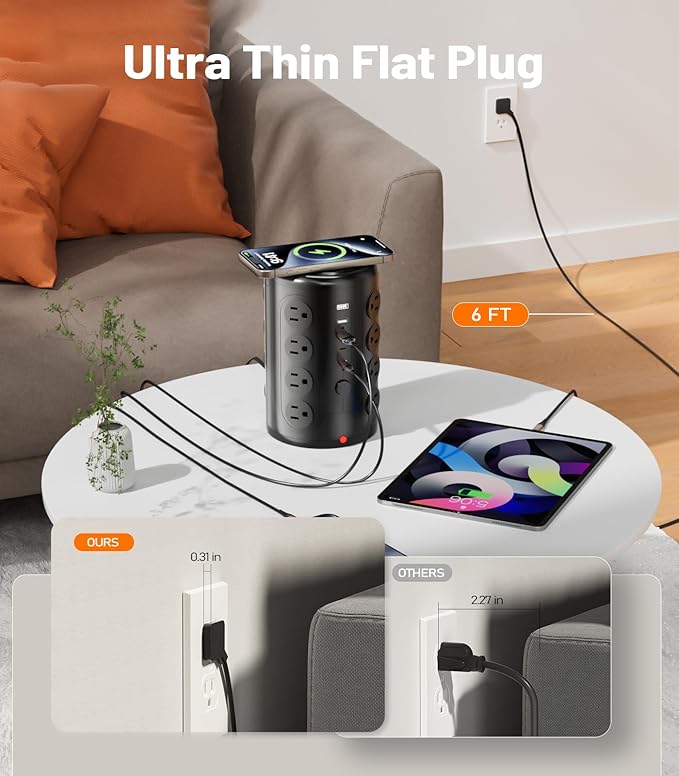 Power Strip Tower Surge Protector, TenTrend 16 Outlets and 5 USB Ports - Image 3