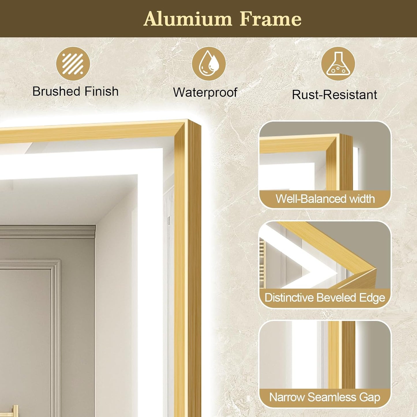LED Bathroom Mirror 30"x36" Inch Brushed Gold Metal Frame Lighted Bathroom Vanity Mirror with Lights, Brighter Frontlit and Backlit Light up Anti Fog Mirror, 3-Color Dimmable, Memory Function