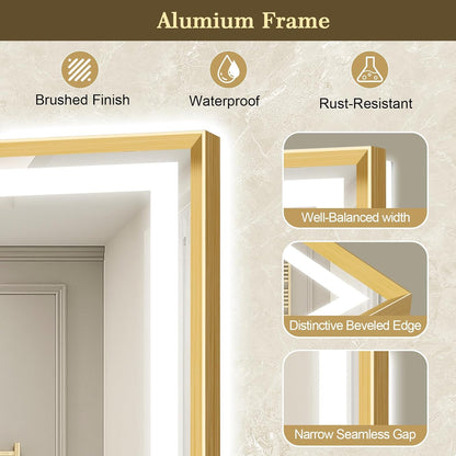 LED Bathroom Mirror 30"x36" Inch Brushed Gold Metal Frame Lighted Bathroom Vanity Mirror with Lights, Brighter Frontlit and Backlit Light up Anti Fog Mirror, 3-Color Dimmable, Memory Function