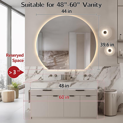 Niccy Round LED Bathroom Mirrors, Half Circle Backlit Mirror, 44" | Frameless Half Moon Mirror for Bathroom Wall, 3 Color Dimmable Anti-Fog Makeup Mirror, Explosion-Proof