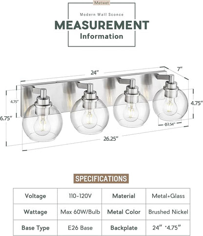 METWET Bathroom Light Fixtures, 4 Light Brushed Nickel Vanity Light, 26 Inch - Image 3