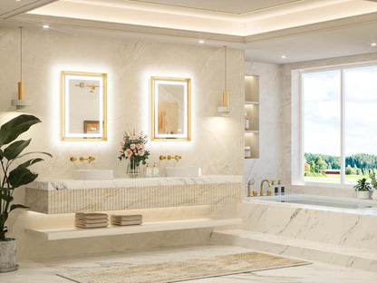 22 x 30 Bathroom LED Mirror Brushed Gold Metal Frame Frontlit & Backlit Vanity Mirror Anti-Fog Stepless Dimmable 3 Colors White/Warm/Natural Mirror with Lights Wall-Mounted