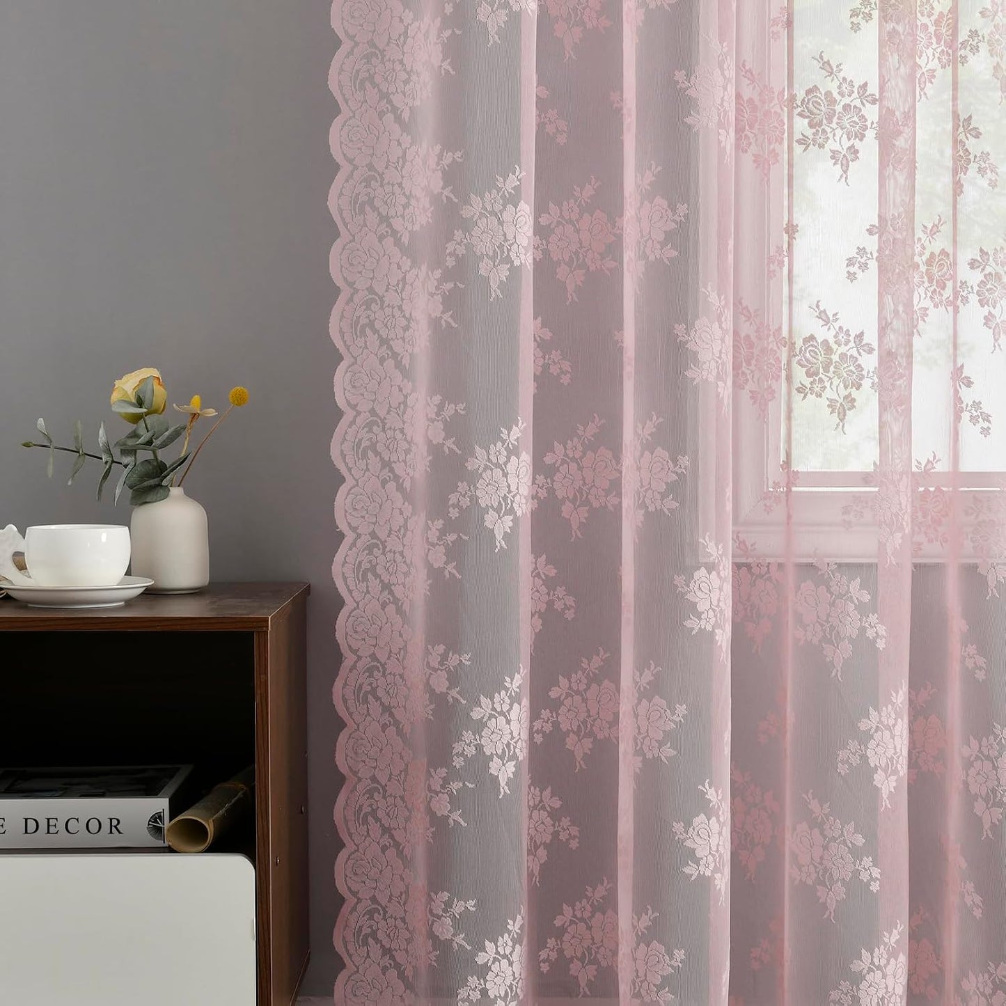 Kotile Vintage Pink Lace Curtains for Bedroom 42 x 63 Inch, 2 Panels | Rod Pocket, Knitted Openwork Texture, Softened Daylight, Soft Whimsical Mood, Versatile Mid-Length Look, Privacy
